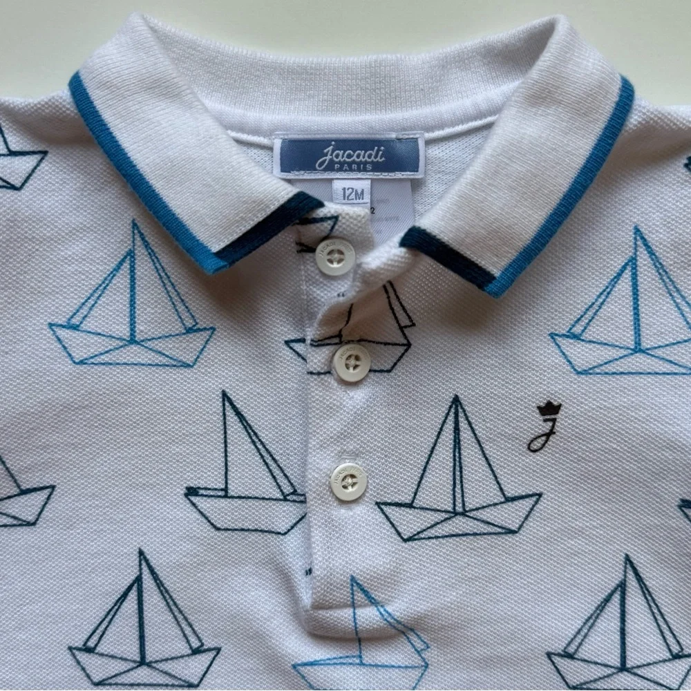 Jacadi Boys White Pique Knit Polo Shirt with Blue Sailboat Print - Size 12M